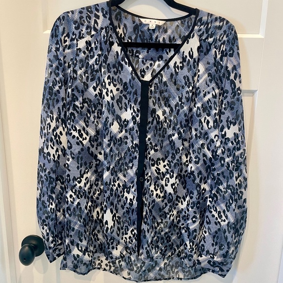 cabi Fatale Button Up Blouse, #977, S, EUC, Blue/Black Leopard Print - Picture 1 of 7